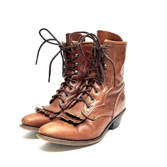 Vintage 1980s brown leather brogue lace up kiltie roper granny boots - Picture 6 of 9